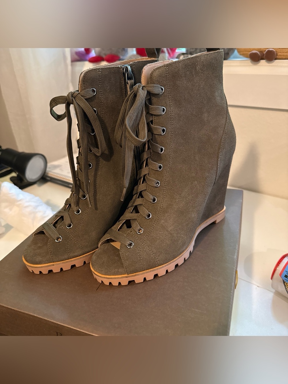 Paolo Olive Suede Lace-Up Peep-Toe Wedge Booties